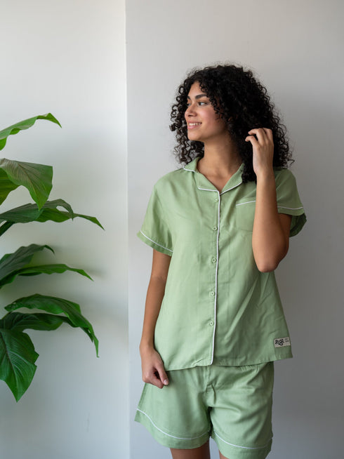 Women Summer Pajama Set Mint Buttoned Shirt + Shorts